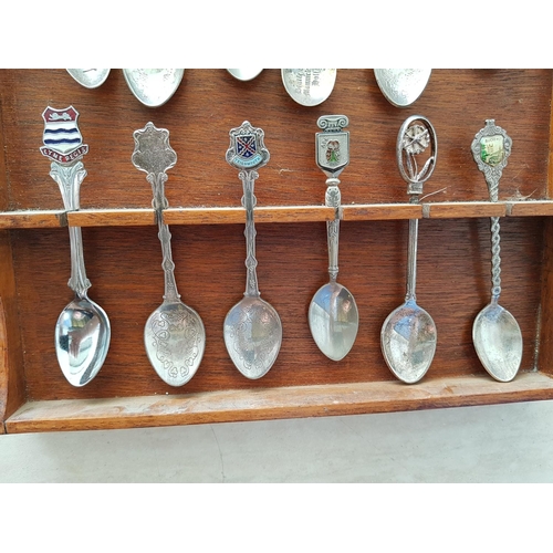 367 - Vintage / Retro Collectable Souvenir Spoons (12) Together with Wooden Display Wall Shelf (25 x 31cm)