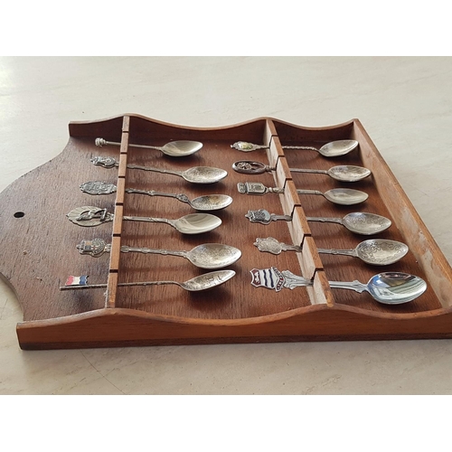 367 - Vintage / Retro Collectable Souvenir Spoons (12) Together with Wooden Display Wall Shelf (25 x 31cm)