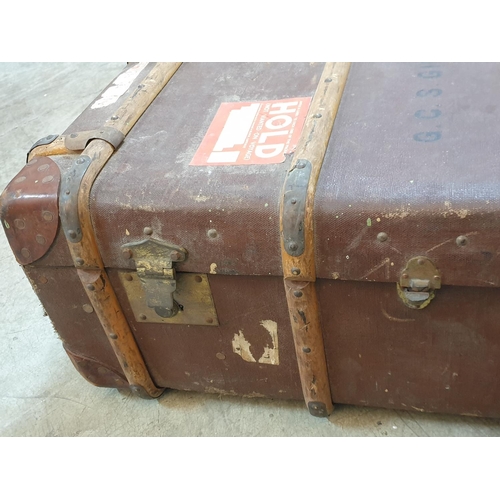 46 - Vintage Wooden Banded Steamer Trunk with Leather Reinforced Corners & Original Labels & Leather Hand... 