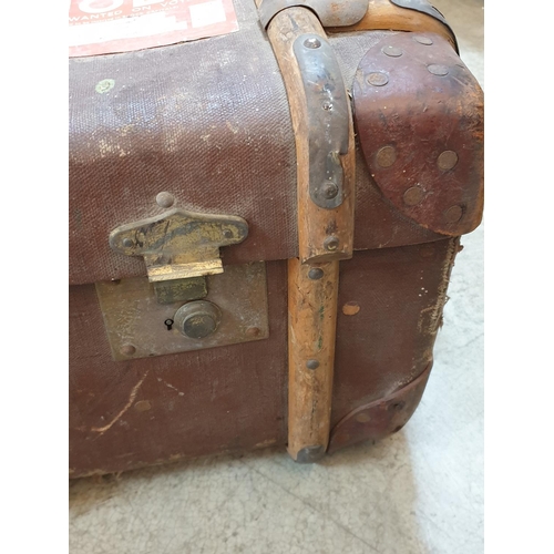 46 - Vintage Wooden Banded Steamer Trunk with Leather Reinforced Corners & Original Labels & Leather Hand... 