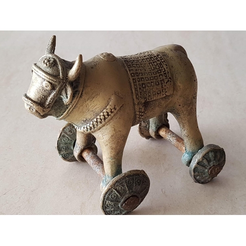 278 - Antique Style Cast Brass Hindu Temple Toy Cow, (Approx. H: 13cm)