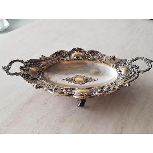 344 - Antique & Ornate Twin Handled Metal Gondola / Tray (Probably Silver Plated Brass) on Four Decorative... 