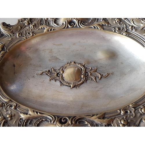 344 - Antique & Ornate Twin Handled Metal Gondola / Tray (Probably Silver Plated Brass) on Four Decorative... 