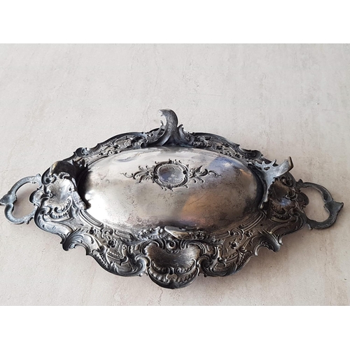 344 - Antique & Ornate Twin Handled Metal Gondola / Tray (Probably Silver Plated Brass) on Four Decorative... 