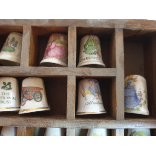 368 - Vintage Style Wooden Wall Shelf with 18 x Porcelain Thimbles (14 x 22cm)