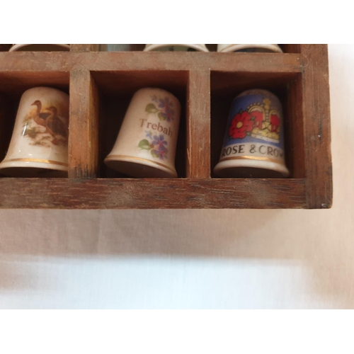 368 - Vintage Style Wooden Wall Shelf with 18 x Porcelain Thimbles (14 x 22cm)