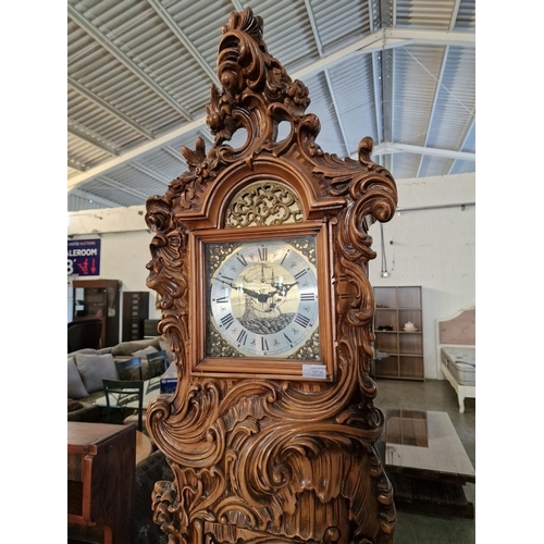 694 - Italian Rococo Grandfather Clock Carved from Limewood with a Kieninger German Mechanical 3-Weight Mo... 