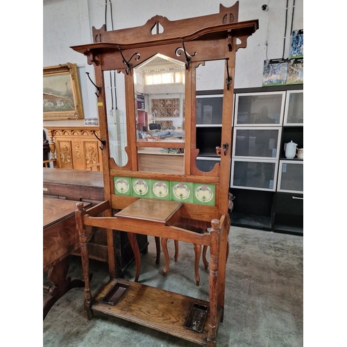 118 - Antique Hall Stand with Stick Stand / Umbrella Stand / Mirror on the Center, with 6 - Coat Hooks, Sh... 