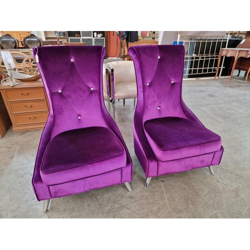 205 - Pair of Designer Purple Fabric Armchairs with Diamante Style Button & Scroll Back and Chrome Legs, (... 