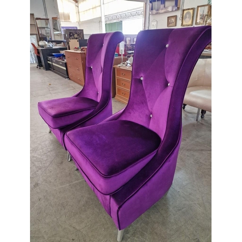 205 - Pair of Designer Purple Fabric Armchairs with Diamante Style Button & Scroll Back and Chrome Legs, (... 