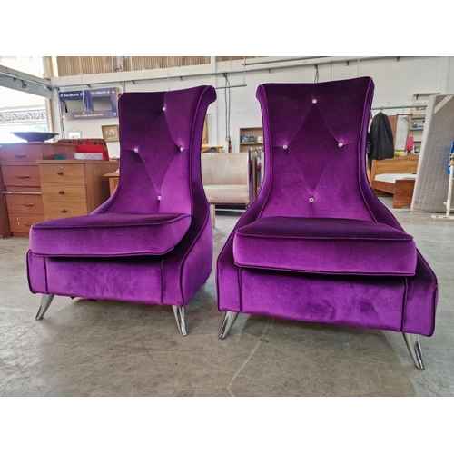 205 - Pair of Designer Purple Fabric Armchairs with Diamante Style Button & Scroll Back and Chrome Legs, (... 