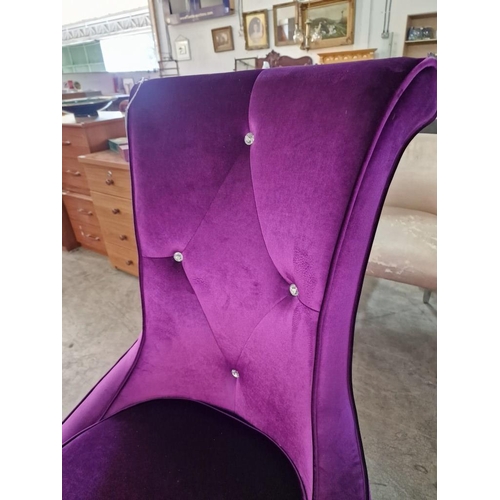 205 - Pair of Designer Purple Fabric Armchairs with Diamante Style Button & Scroll Back and Chrome Legs, (... 