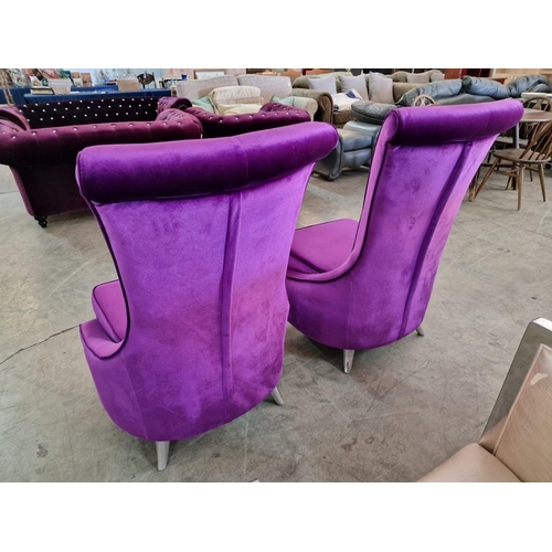 205 - Pair of Designer Purple Fabric Armchairs with Diamante Style Button & Scroll Back and Chrome Legs, (... 