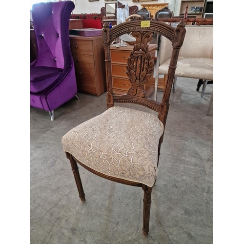 208 - Antique Style Chair with Carved Back and Padded Fabric Seat