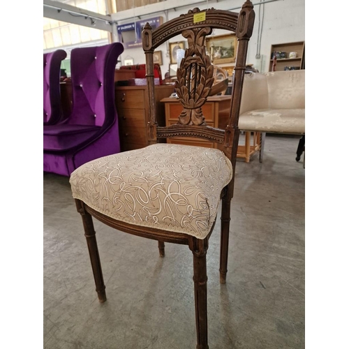 208 - Antique Style Chair with Carved Back and Padded Fabric Seat