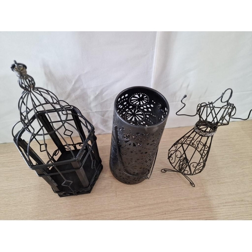 436 - In Black Tone Metal Art; Candle Holders (2) and Jewellery Holder