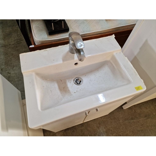 571 - White Ceramic Sink / Wash Basin with Mixer Tap and White Colour Vanity Unit / Cupboard Below, (a/f),... 