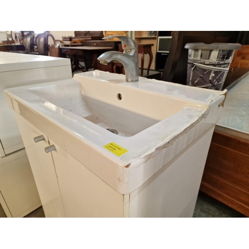 571 - White Ceramic Sink / Wash Basin with Mixer Tap and White Colour Vanity Unit / Cupboard Below, (a/f),... 