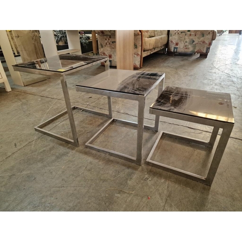 573 - Modern Chrome Nest of 3 Tables with Black Glass Top, (Largest Approx. 40 x 40 x 45cm)