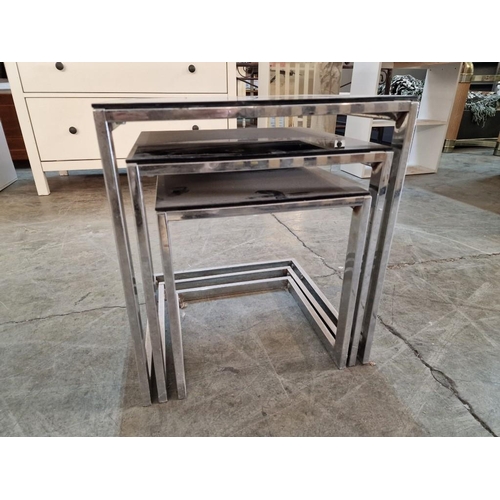 573 - Modern Chrome Nest of 3 Tables with Black Glass Top, (Largest Approx. 40 x 40 x 45cm)