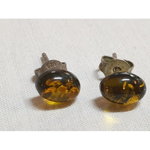 116 - Large Amber Stone Pendant on .925 Silver Chain and Pair of Amber .925 Silver Earrings, Total Weight ... 