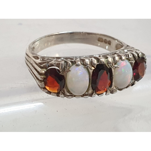 226 - Sterling Silver / Opal / Red Stones Ladies Ring, Hallmarked .925 UK Hallmarked, Total Weight 3.9grms