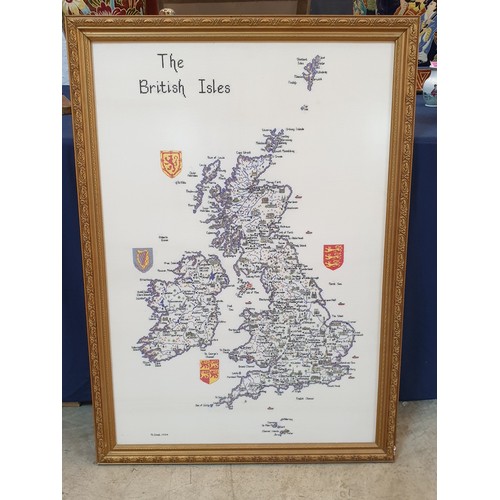 232 - Vintage Large Hand Embroidered Framed Pictures / Map of British Isles