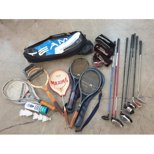 211 - Large Sport Collection of Various Golf Clubs, Tennis, Squash Rackets and Large Sport Bag