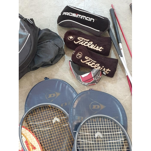 211 - Large Sport Collection of Various Golf Clubs, Tennis, Squash Rackets and Large Sport Bag