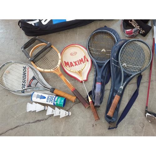 211 - Large Sport Collection of Various Golf Clubs, Tennis, Squash Rackets and Large Sport Bag