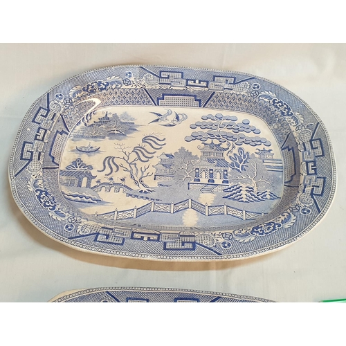 394 - 2 x Large Antique Blue Willow Platter Transferware Pottery (England Circa 1840, 1964), (29 x 37cm & ... 