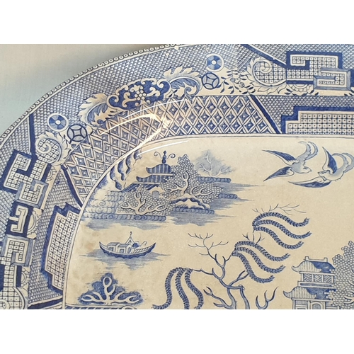 394 - 2 x Large Antique Blue Willow Platter Transferware Pottery (England Circa 1840, 1964), (29 x 37cm & ... 