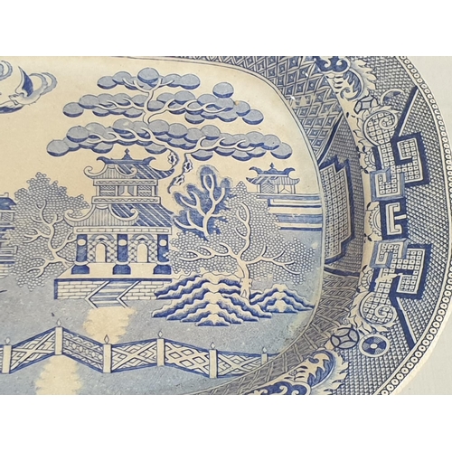 394 - 2 x Large Antique Blue Willow Platter Transferware Pottery (England Circa 1840, 1964), (29 x 37cm & ... 