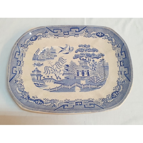 394 - 2 x Large Antique Blue Willow Platter Transferware Pottery (England Circa 1840, 1964), (29 x 37cm & ... 