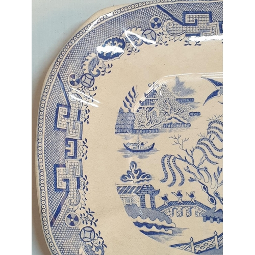 394 - 2 x Large Antique Blue Willow Platter Transferware Pottery (England Circa 1840, 1964), (29 x 37cm & ... 