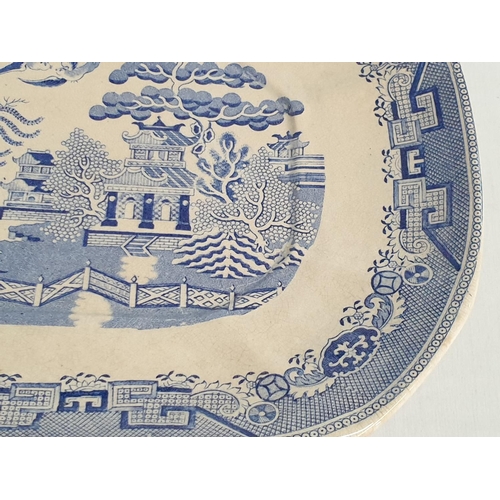 394 - 2 x Large Antique Blue Willow Platter Transferware Pottery (England Circa 1840, 1964), (29 x 37cm & ... 