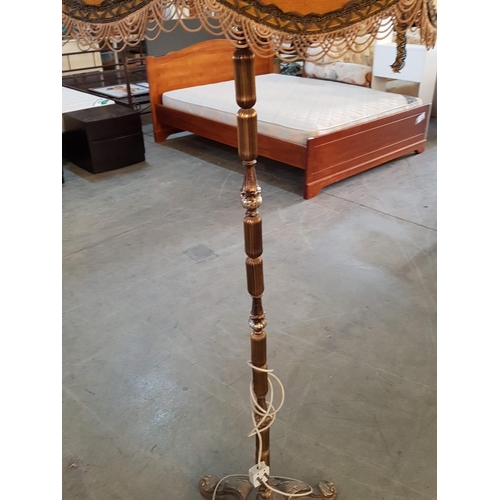 113 - Vintage Circa 50 - 70's Brass Effect Floor Lamp with Embroidery Elements Lame Shade, A/F (H:185cm)