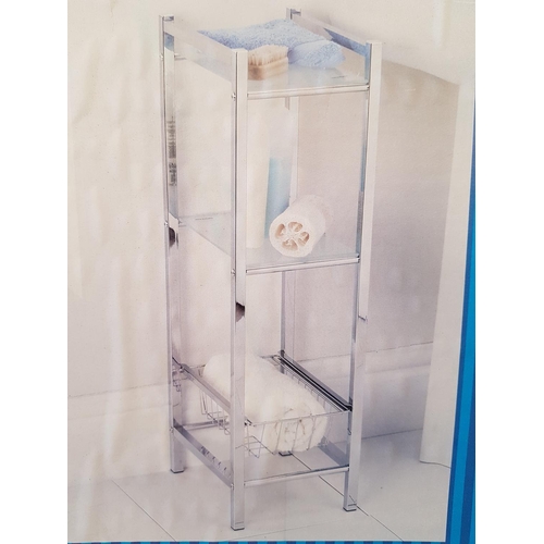 141 - Chrome Storage Unit with 2 - Toughened Frosted Glass shelves and 1 x Wire Basket, Boxed  (76 x 22 x ... 