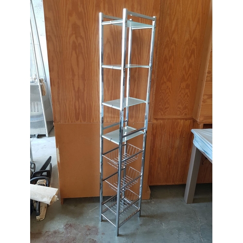 142 - Chrome Storage Unit; 4 x Toughened Frosted Glass Shelves and 3 x Wire Baskets (30 x 22 x 165.5cm)