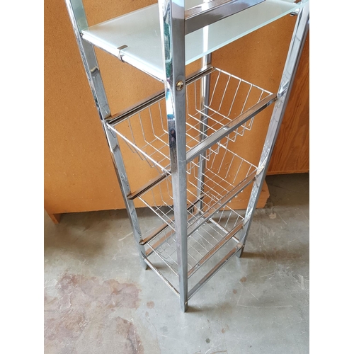 142 - Chrome Storage Unit; 4 x Toughened Frosted Glass Shelves and 3 x Wire Baskets (30 x 22 x 165.5cm)