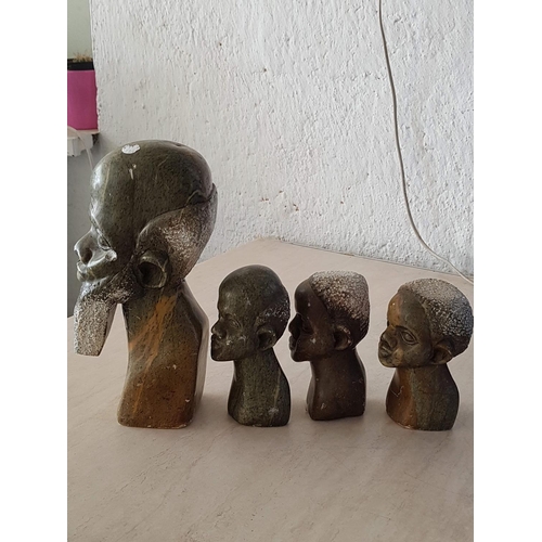 23 - Stone Carved Man's Heads at Different Ages (H:29cm, H:15cm, H:17cm, H:16.5cm), (4)