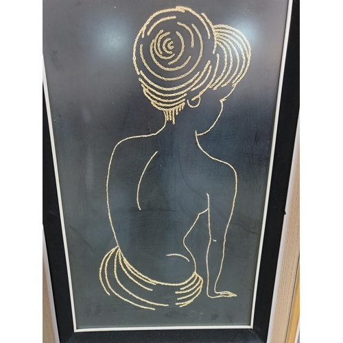 719 - Erotic Art Black and Gold Embroidery in Retro Frames (2 x 58 x 88cm and 1  x 56.5 x 89.5cm)