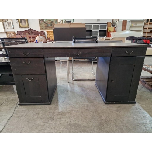 766 - Black Colour Wood Effect Twin Pedestal Kneehole Desk with 5-Drawers and Cupboard, (Approx. 151 x 65 ... 