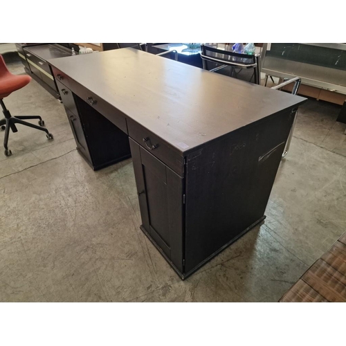 766 - Black Colour Wood Effect Twin Pedestal Kneehole Desk with 5-Drawers and Cupboard, (Approx. 151 x 65 ... 