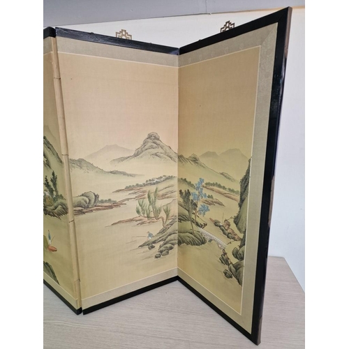 101 - Folding 4-Part Hand Painted Chinese Screen / Wall Hanging, with Mountains, Fisherman and Village Sce... 