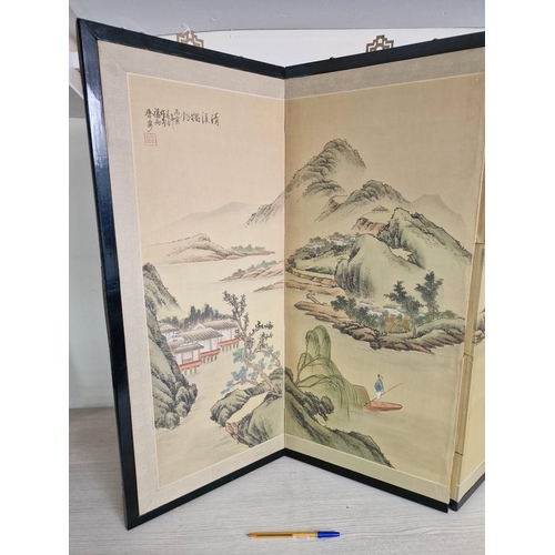 101 - Folding 4-Part Hand Painted Chinese Screen / Wall Hanging, with Mountains, Fisherman and Village Sce... 