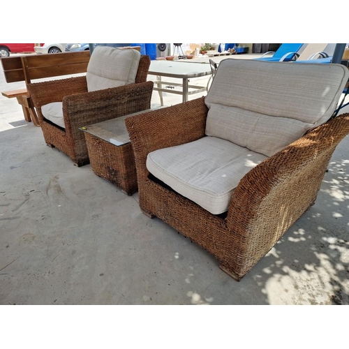 457 - 2 x Rattan Garden Chairs with Cushions with Glass Top Rattan Coffee Table