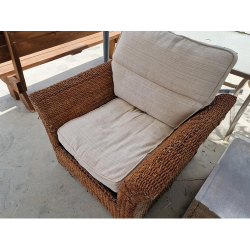 457 - 2 x Rattan Garden Chairs with Cushions with Glass Top Rattan Coffee Table