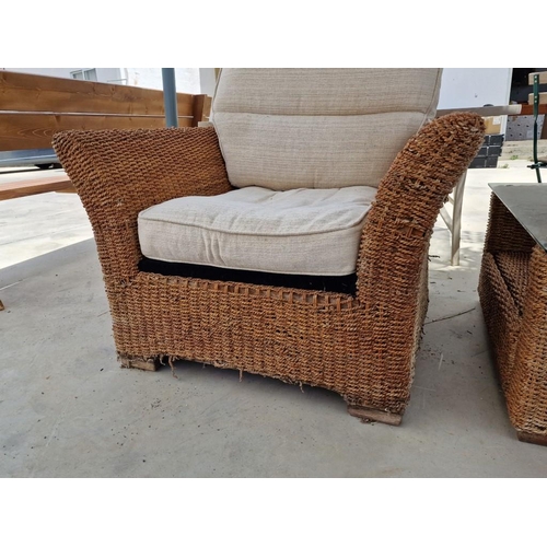 457 - 2 x Rattan Garden Chairs with Cushions with Glass Top Rattan Coffee Table