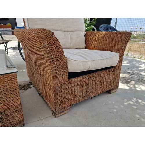 457 - 2 x Rattan Garden Chairs with Cushions with Glass Top Rattan Coffee Table